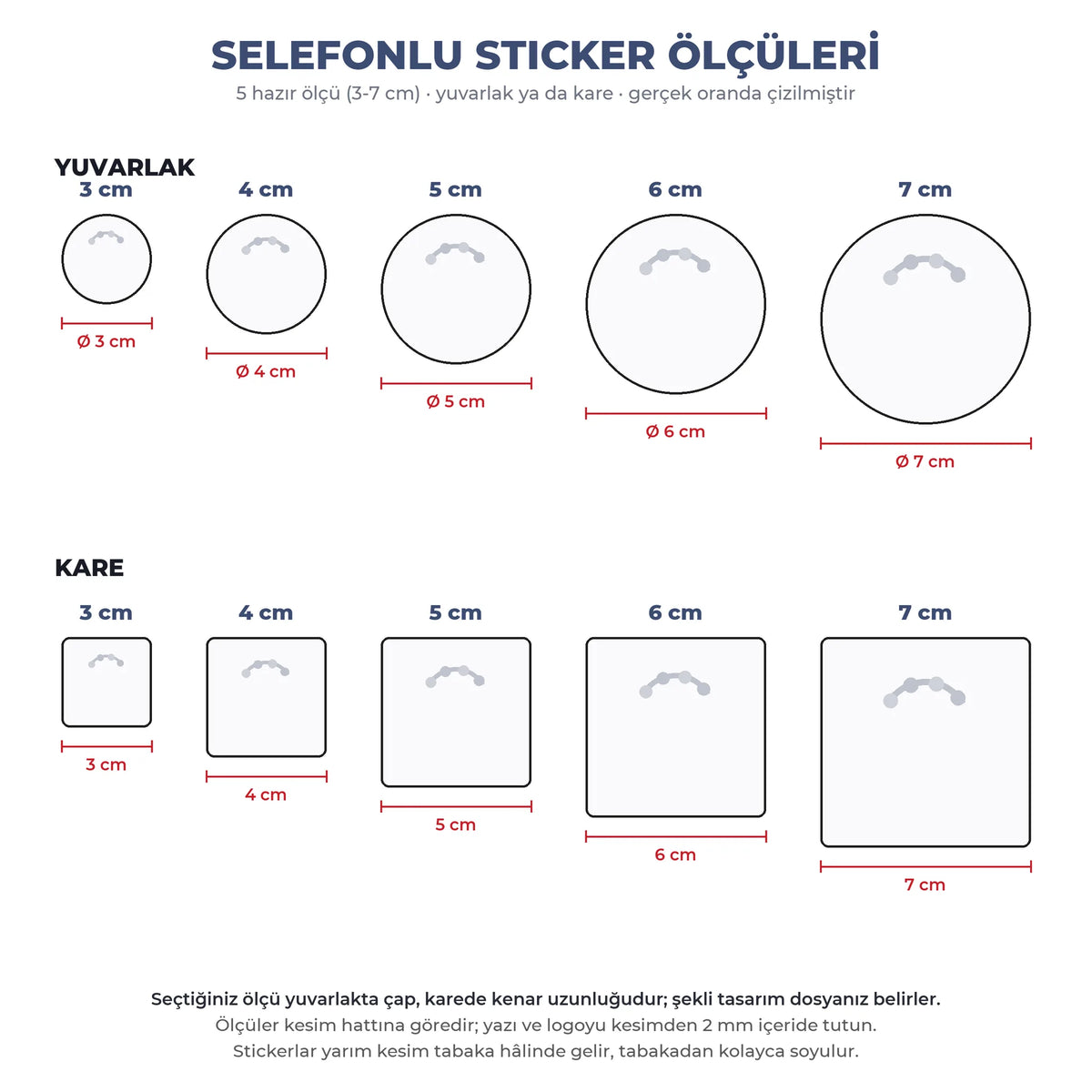 Selefonlu sticker ölçüleri: 3-7 cm arası 5 hazır ölçü, yuvarlak ya da kare, gerçek oranlı şema