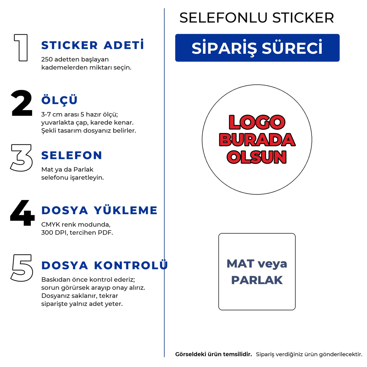 Selefonlu sticker sipariş süreci: adet, 3-7 cm ölçü, mat/parlak selefon, dosya yükleme ve kontrol