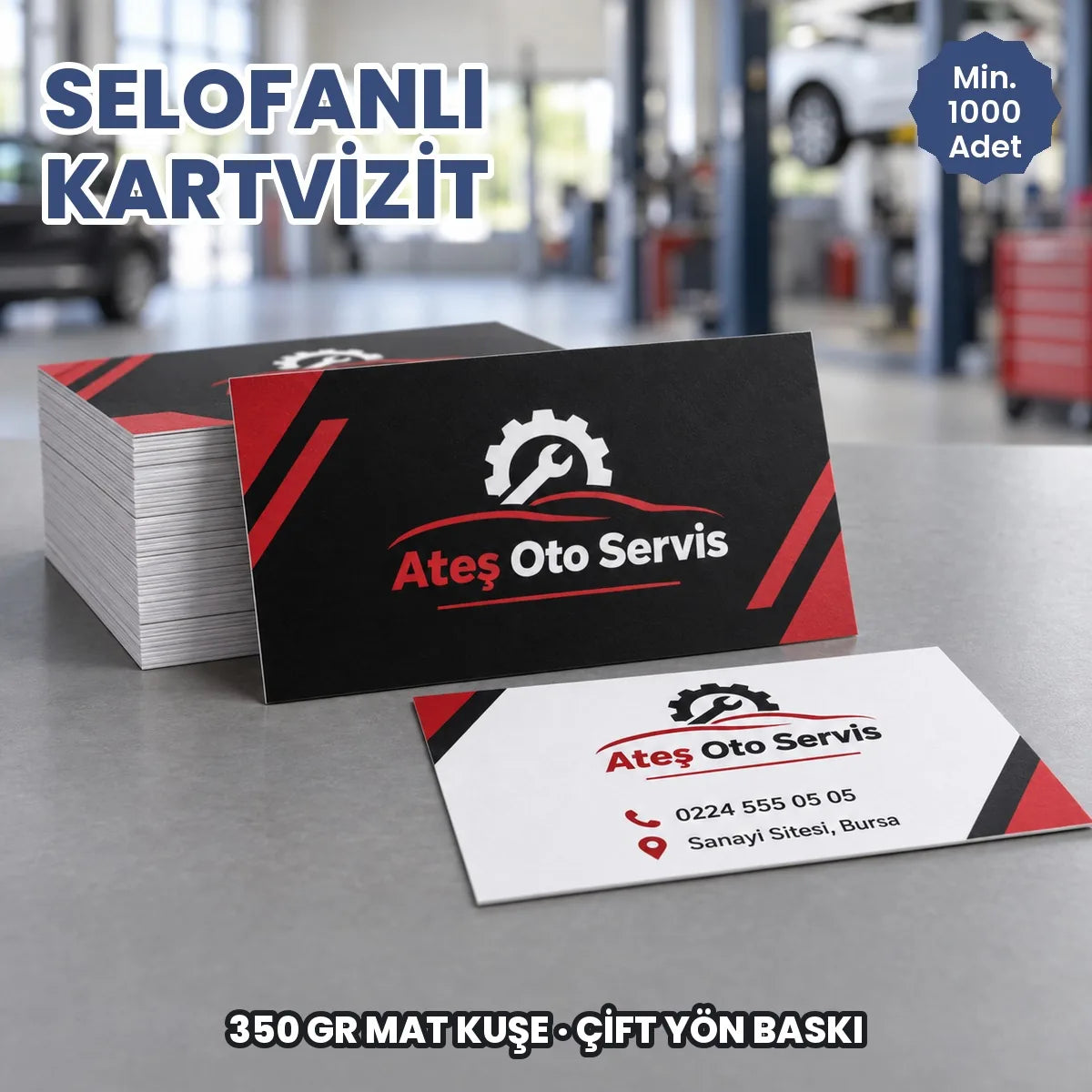 Selofanlı kartvizit örneği: hayali marka ile basılmış kartlar ve deste