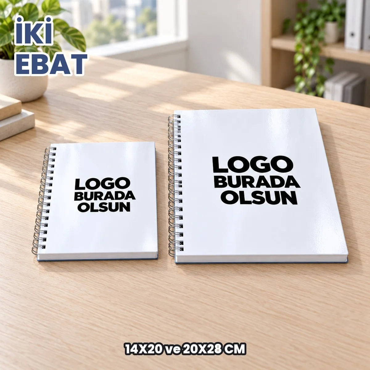 Sert kapak defter ebatları: 14x20 cm ve 20x28 cm iki boy yan yana