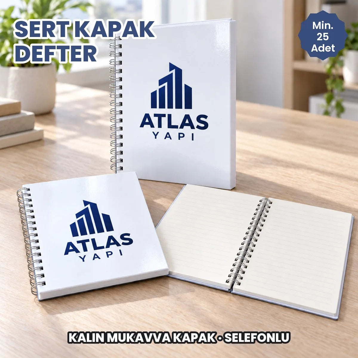 Sert kapak defter firma baskılı örnek: mukavva kapakta kurumsal logo, spiralli, çizgili iç sayfa
