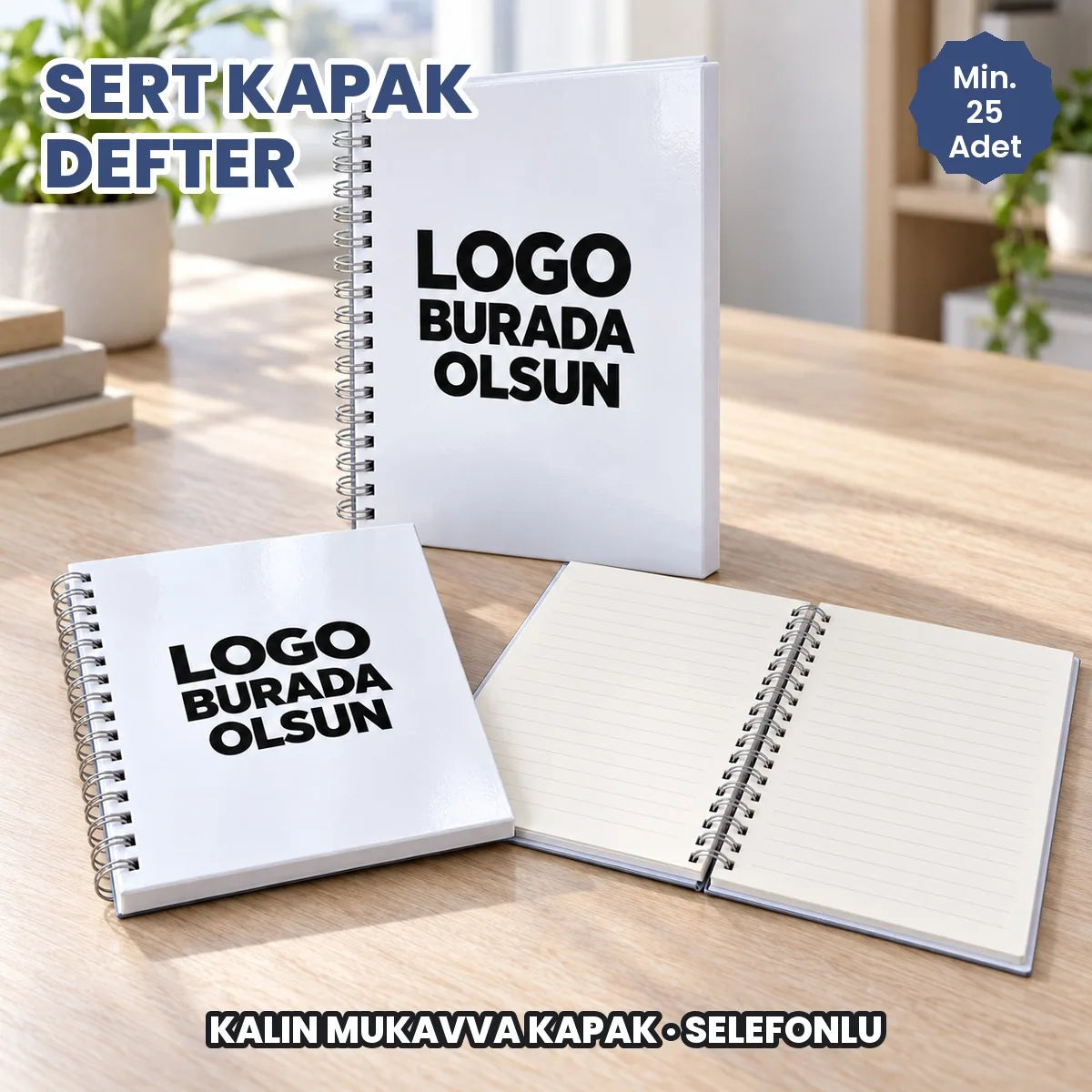 Sert kapak defter: kalın mukavva kapaklı, selefonlu, metal spiralli logo baskılı defter