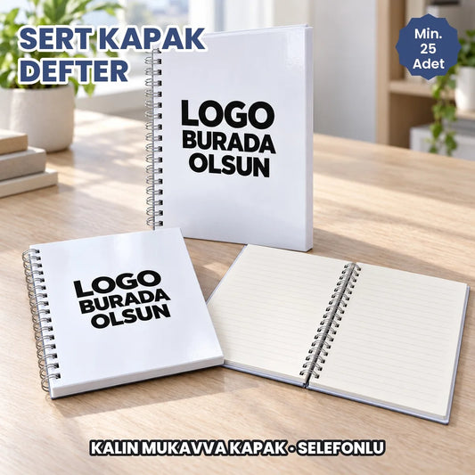 Sert kapak defter: kalın mukavva kapaklı, selefonlu, metal spiralli logo baskılı defter