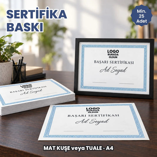 Sertifika baskı: logonuzun basılacağı A4 sertifika, 350 gr mat kuşe veya tuale dokulu kâğıt