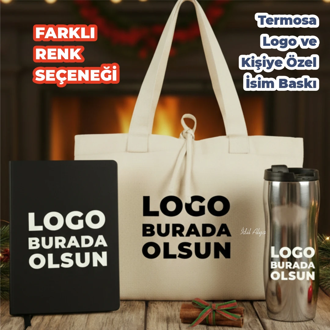 Yılbaşı Ofis Hediye Seti – Logolu Termos, Kanvas Defter &  Bez Çanta