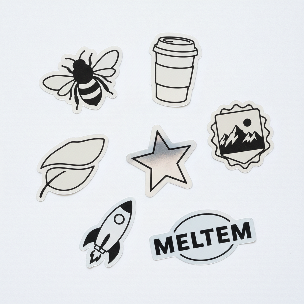 Farklı şekillerde tam kesim gümüş metalize sticker örnekleri