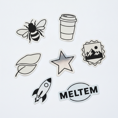 Farklı şekillerde tam kesim gümüş metalize sticker örnekleri