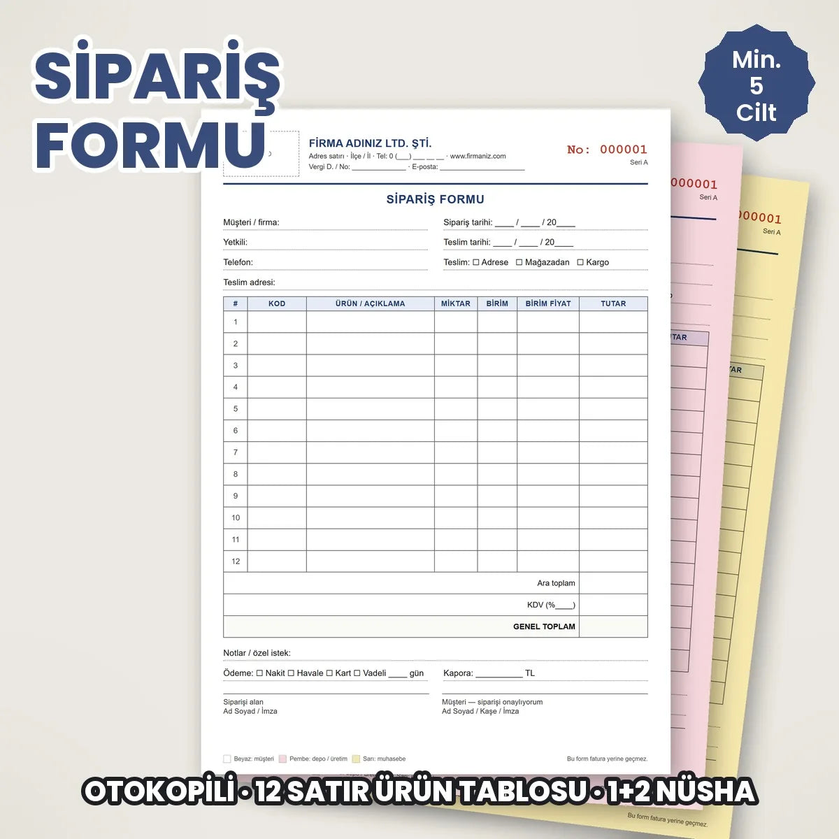 Firma logolu otokopili sipariş formu koçanı, 12 satır ürün tablosu, hazır şablon