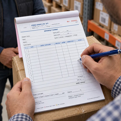 Toptancı depoda otokopili sipariş formu dolduruyor, pembe kopya altta