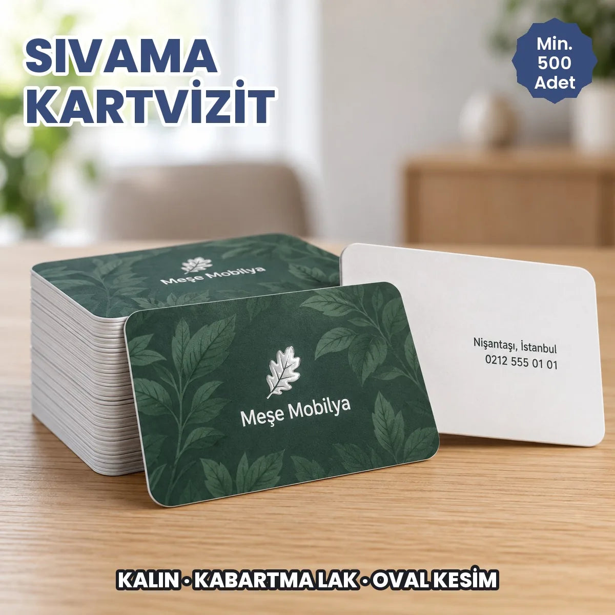 Sıvama kartvizit: kalın, oval köşeli, kabartma laklı kartvizit destesi ön ve arka yüz