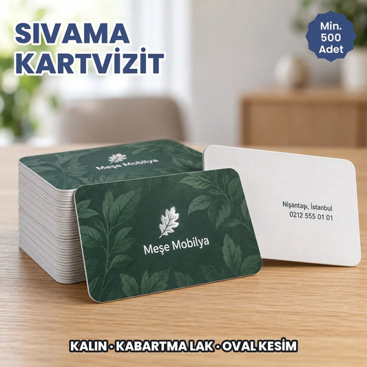 Sıvama kartvizit: kalın, oval köşeli, kabartma laklı kartvizit destesi ön ve arka yüz