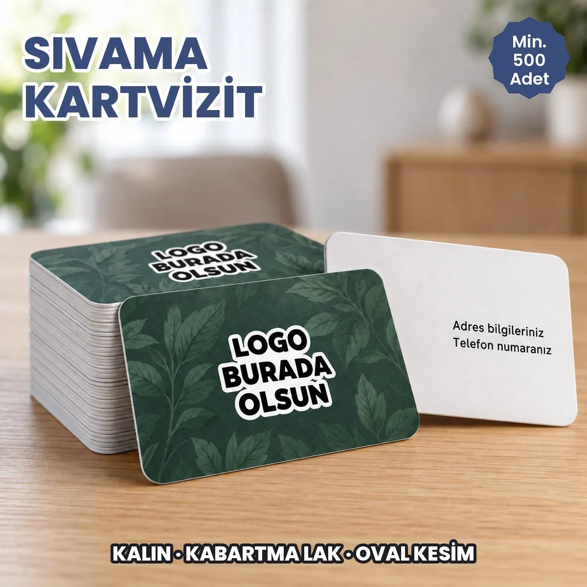 Sıvama kartvizit: logonuzun basılacağı alanları gösteren örnek görsel, logo burada olsun