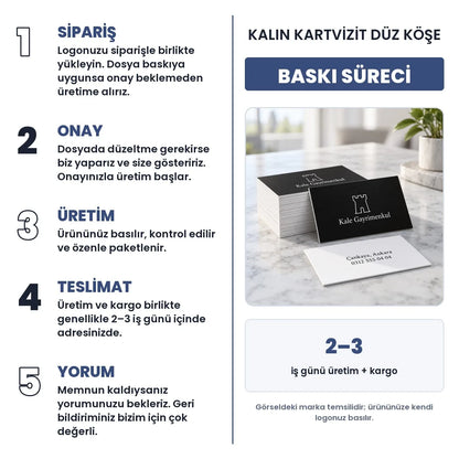 Kalın düz köşe kartvizit baskı süreci: sipariş, onay, üretim 2–3 iş günü, teslimat 1–2 iş günü