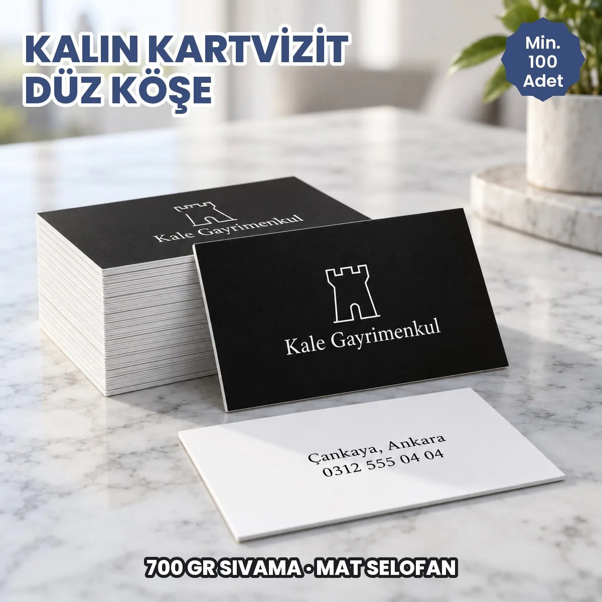 Kalın düz köşe kartvizit örneği: hayali marka ile basılmış kartlar ve deste