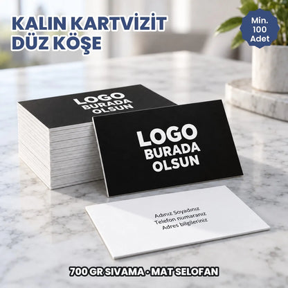 Kalın düz köşe kartvizit: logonuzun ve bilgilerinizin basılacağı alanları gösteren kapak görseli