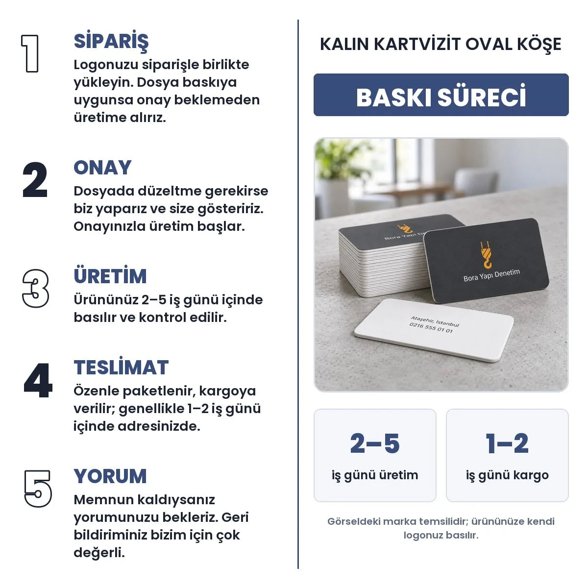 Kalın oval köşe kartvizit baskı süreci: sipariş, onay, üretim 2–5 iş günü, teslimat 1–2 iş günü