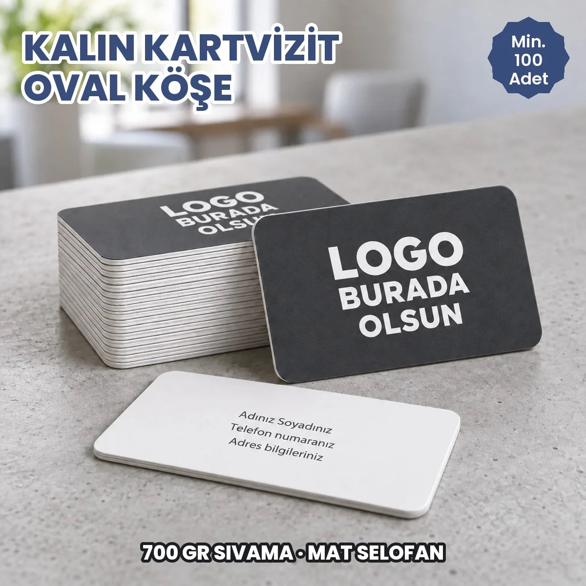 Kalın oval köşe kartvizit: logonuzun ve bilgilerinizin basılacağı alanları gösteren kapak görseli