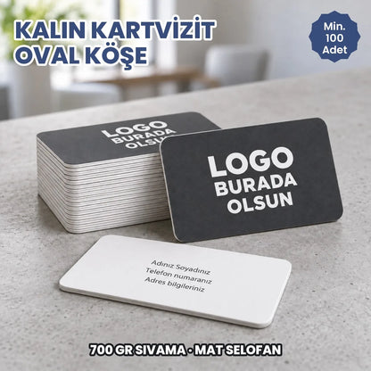 Kalın oval köşe kartvizit: logonuzun ve bilgilerinizin basılacağı alanları gösteren kapak görseli