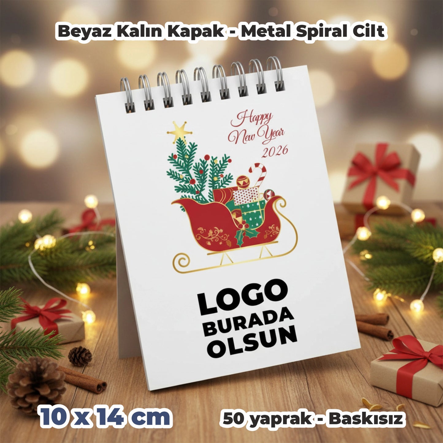Yılbaşı Hediye Seti – Logo Baskılı Karton Çanta, Tebrik Kartı, Roller Kalem ve Spiralli Defter