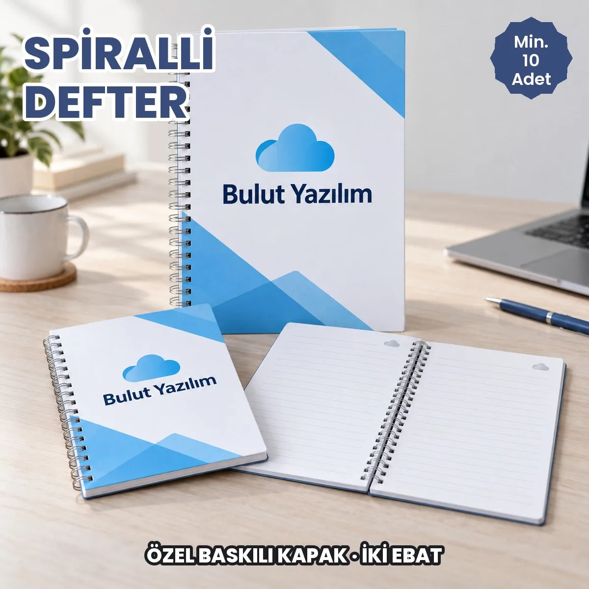 Spiralli defter: logo baskılı kuşe kapaklı metal spiralli defter, iç sayfası baskılı açık hali