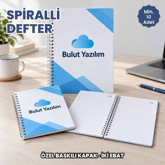 Spiralli defter: logo baskılı kuşe kapaklı metal spiralli defter, iç sayfası baskılı açık hali