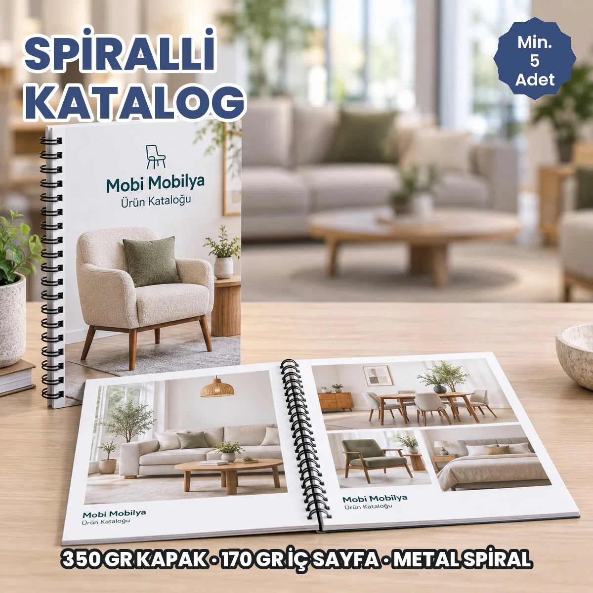 Spiralli katalog örneği: metal spiralli mobilya kataloğu kapalı ve düz açılmış halde
