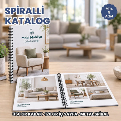 Spiralli katalog örneği: metal spiralli mobilya kataloğu kapalı ve düz açılmış halde