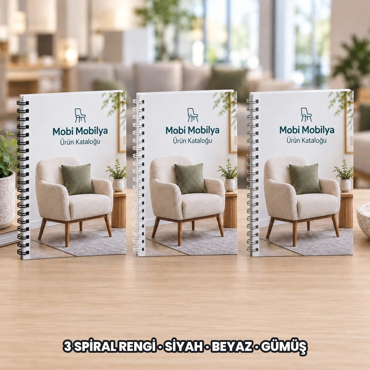 Spiralli katalog seçenekleri: siyah, beyaz ve gümüş metal spiral