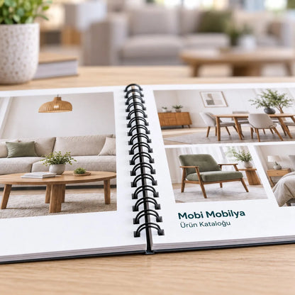 Spiralli katalog yakın plan: metal spiral, düz açılan sayfalar ve mat kuşe kâğıtta net baskı