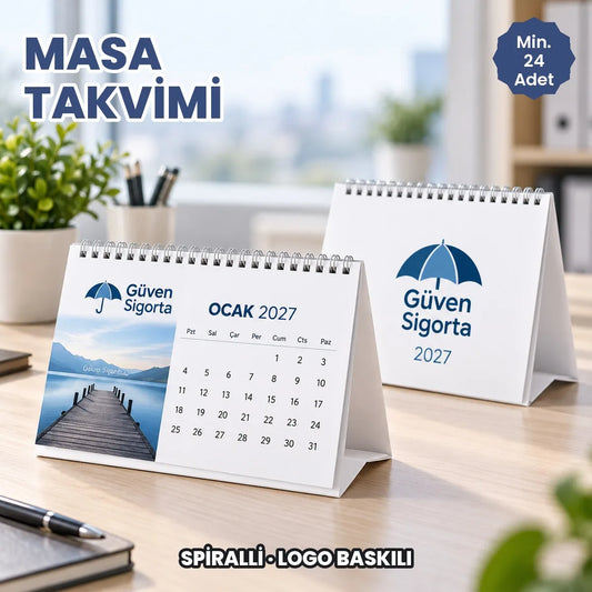 Spiralli masa takvimi 2027: logo baskılı üçgen ayaklı masa üstü takvim, gümüş spiralli