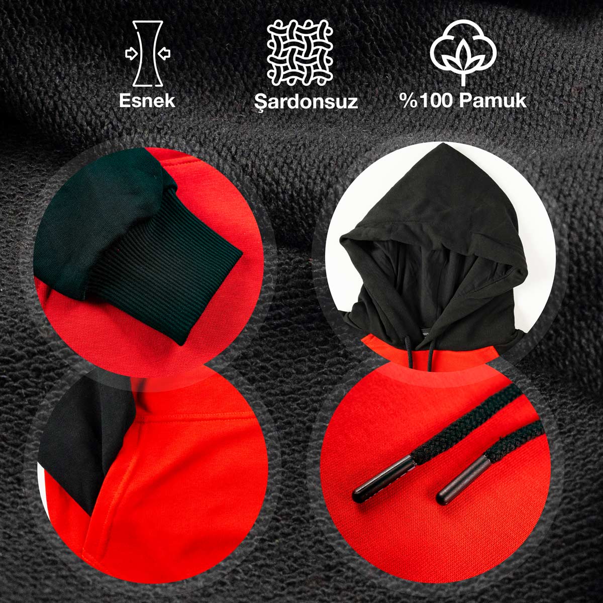 Baskılı Reglan Gövde Kapüşonlu Sweatshirt Kırmızı - 3 İplik Şardonsuz