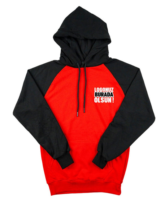Baskılı Reglan Gövde Kapüşonlu Sweatshirt Kırmızı - 3 İplik Şardonsuz