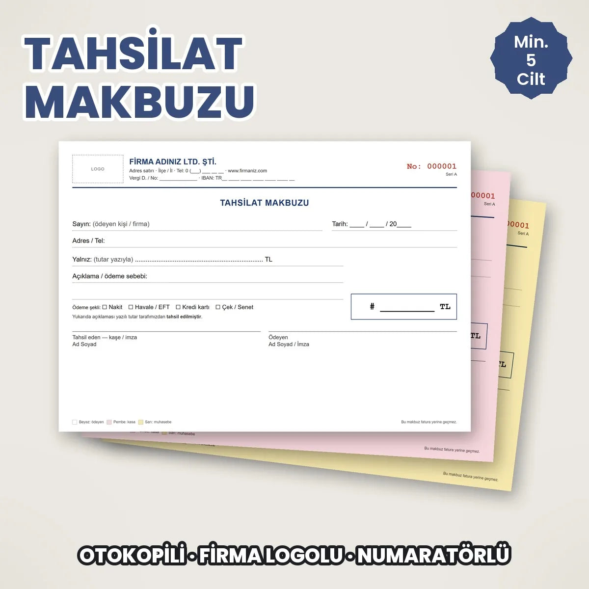 Firma logolu otokopili tahsilat makbuzu koçanı, A5 yatay, numaratörlü hazır şablon