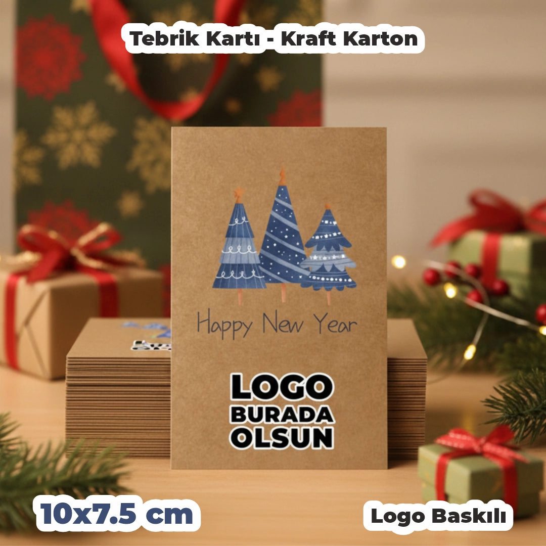 Yılbaşı Kraft Tebrik Kartı – 15 Farklı  Tasarım - Özelleştirilebilir - 10x7.5 cm