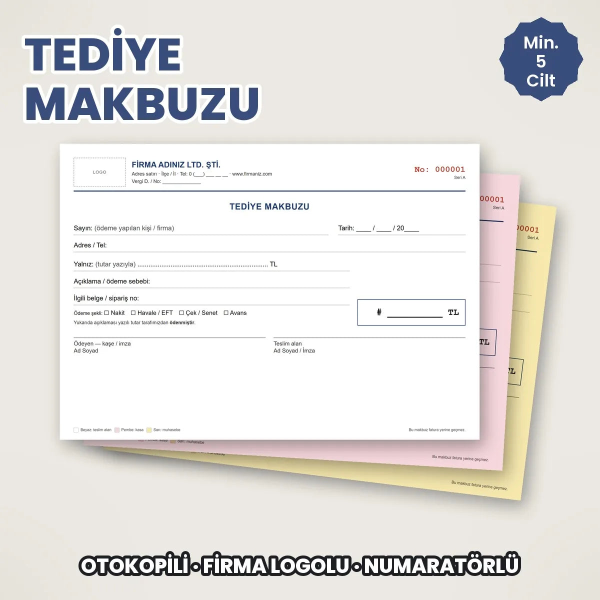 Firma logolu otokopili tediye makbuzu koçanı, A5 yatay, numaratörlü hazır şablon