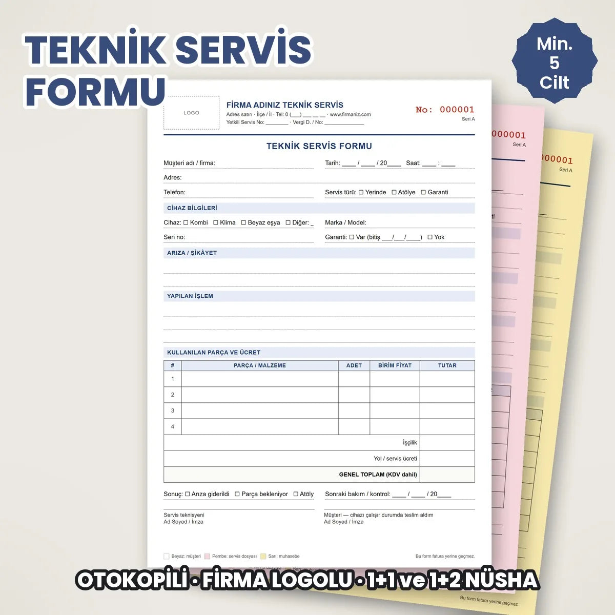 Teknik servis formu otokopili koçan, kombi klima beyaz eşya servisi için firma logolu hazır şablon