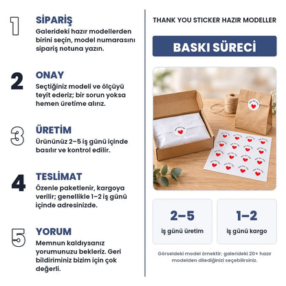 Thank You Sticker Hazir Modeller baskı süreci: sipariş, onay, üretim 2–5 iş günü, teslimat 1–2 iş günü