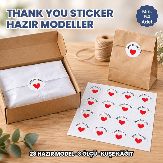 Thank you sticker hazır model: just for you kalpli yuvarlak sticker pelur paketi kapatıyor, yanında tabaka