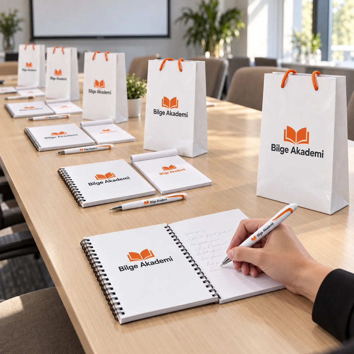 Toplantı promosyon seti: toplantı masasında her katılımcıya logo baskılı defter, bloknot, kalem ve karton çanta
