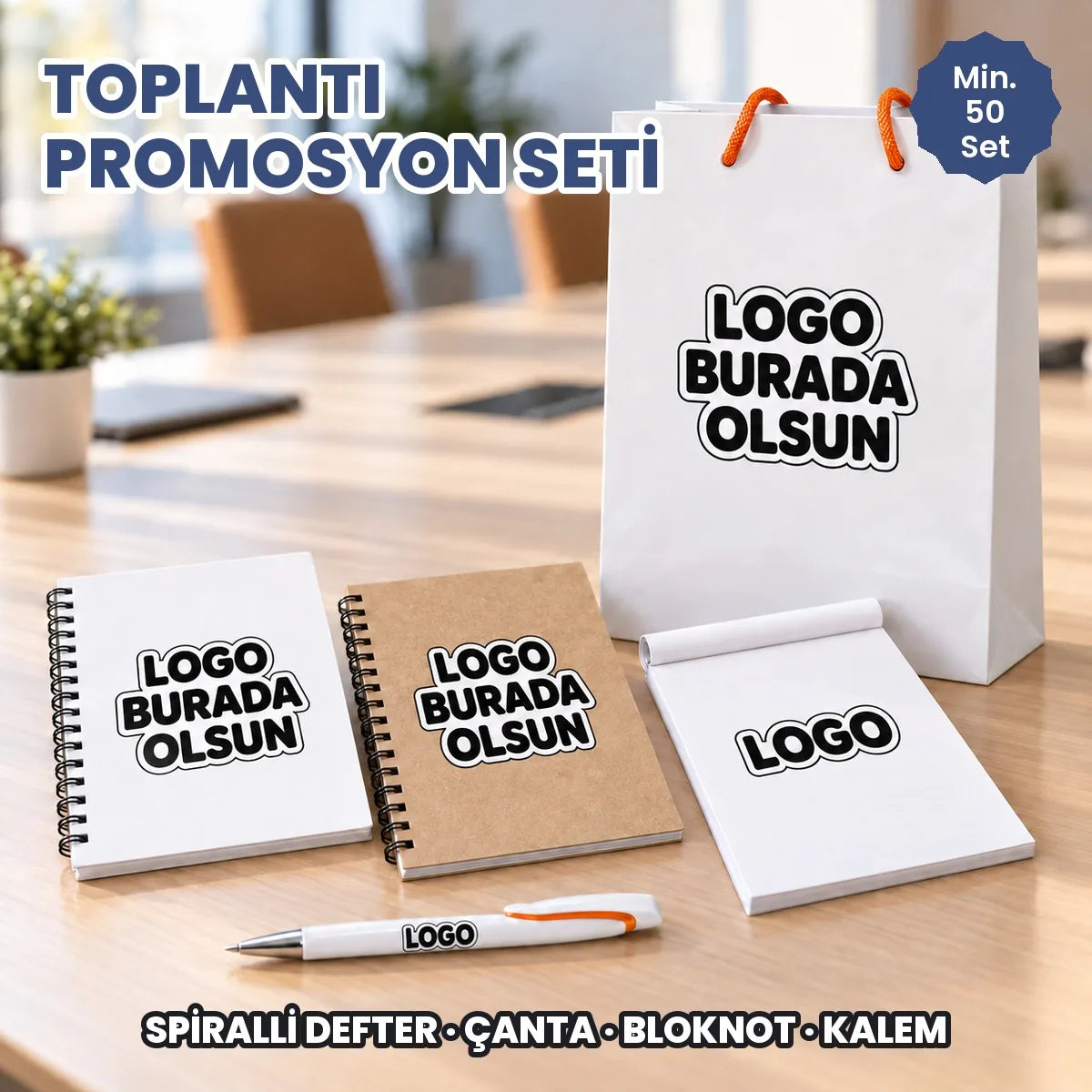 Toplantı promosyon seti: logonuzun basılacağı alanları gösteren örnek görsel, logo burada olsun