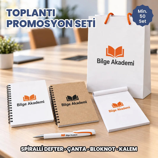 Toplantı promosyon seti: logo baskılı kuşe ve kraft spiralli defter, bloknot, karton çanta ve kalem