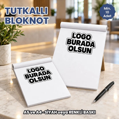 Tutkallı bloknot: logonuzun basılacağı alanları gösteren örnek görsel, logo burada olsun