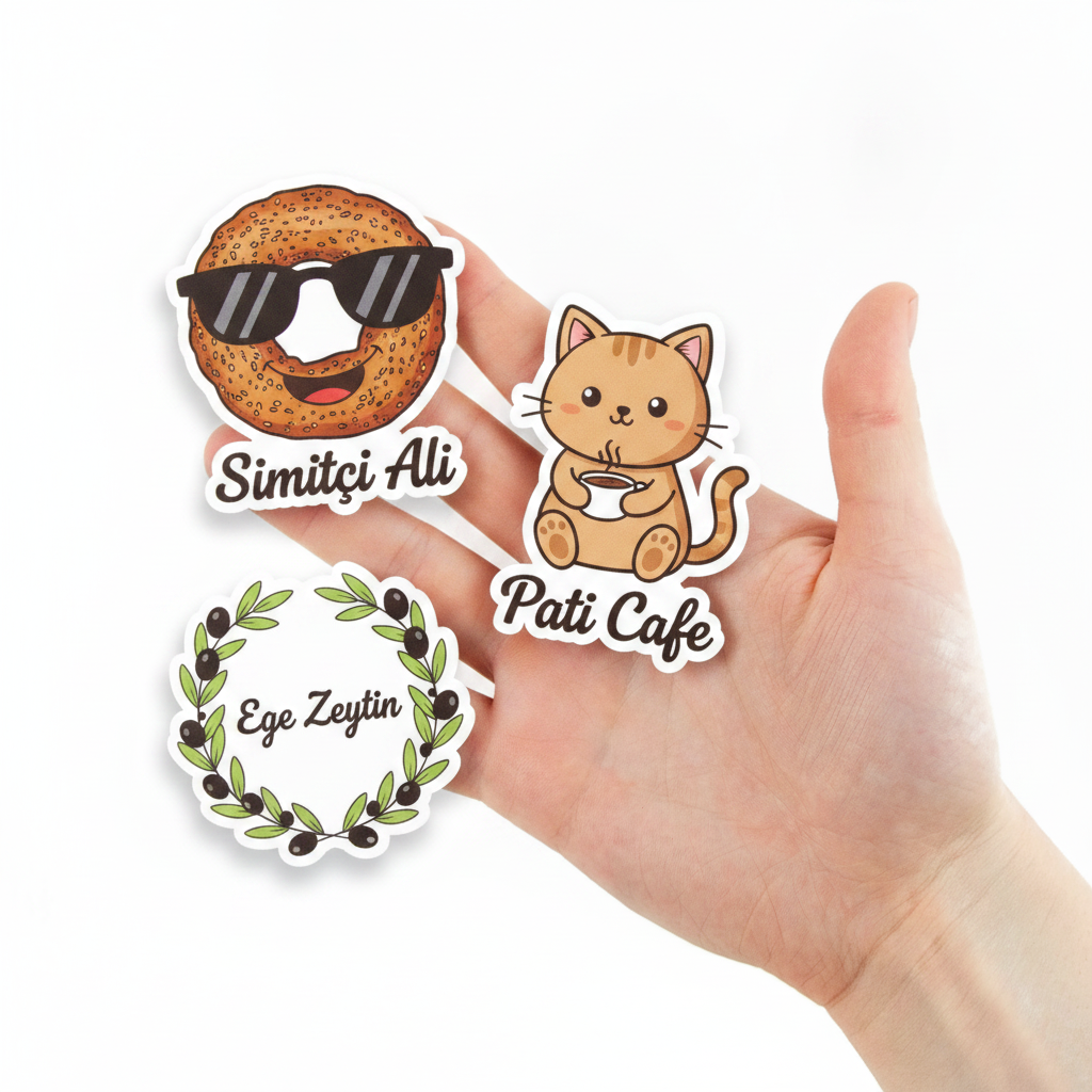 Avuçta üç farklı özel kesim vinil sticker tasarımı