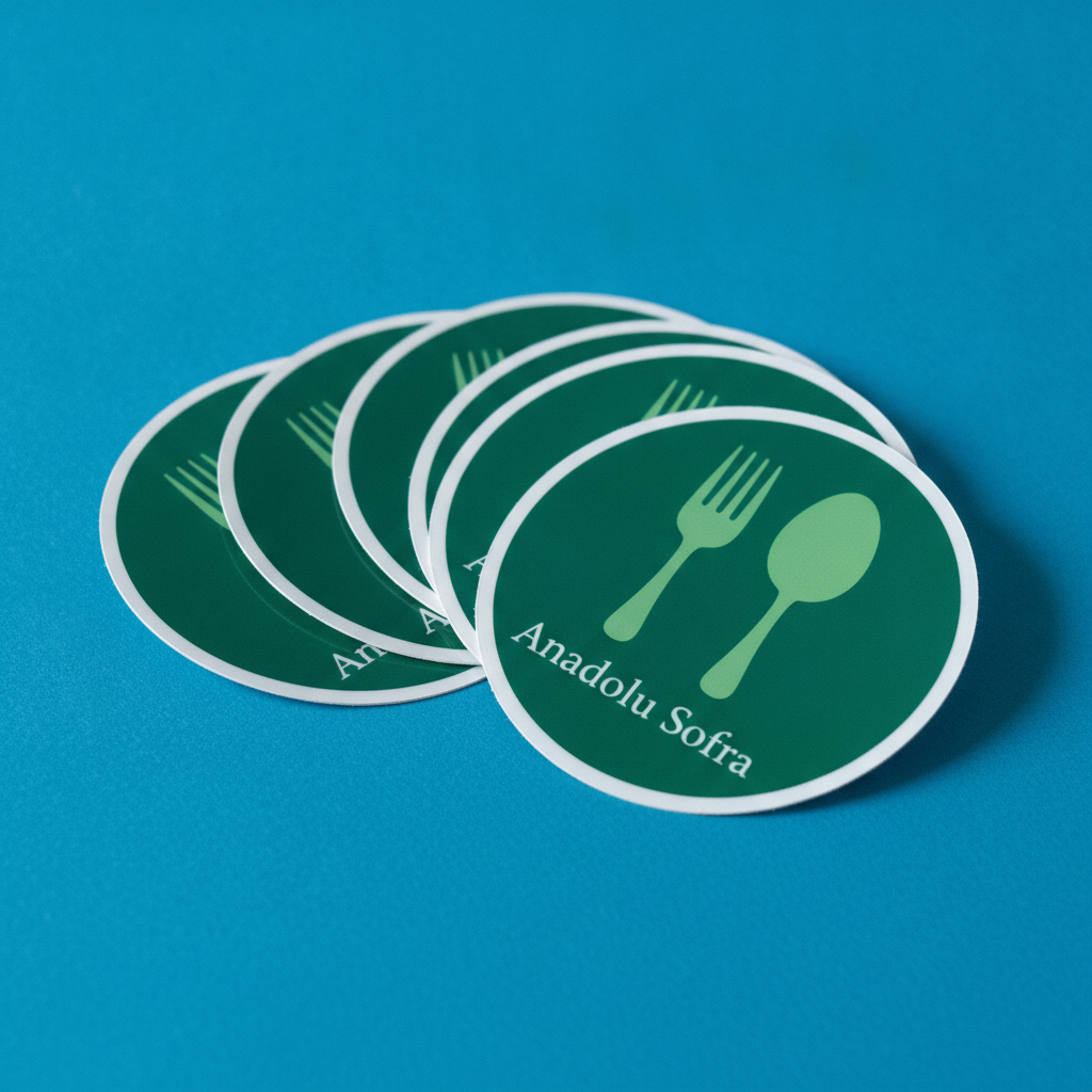 Aynı vinil stickerdan yelpaze istif, parlak yüzey mavi fonda
