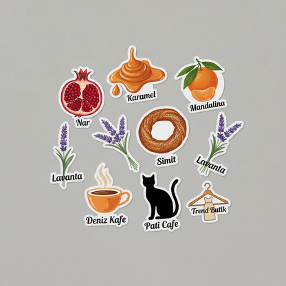 Sekiz farklı özel kesim vinil sticker tasarımı bir arada