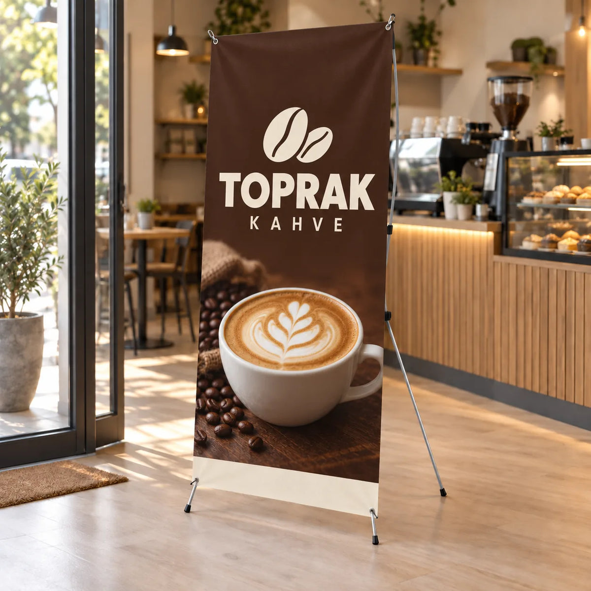 X banner örneği: kahve dükkânı girişinde marka tasarımlı örümcek stand