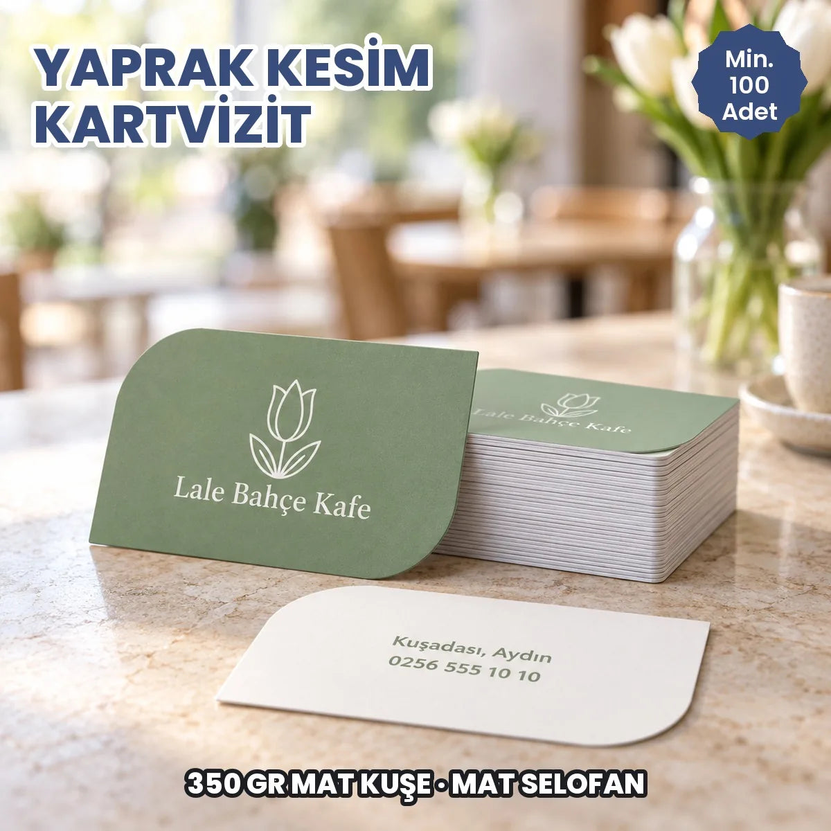 Yaprak kesim kartvizit örneği: hayali marka ile basılmış kartlar ve deste