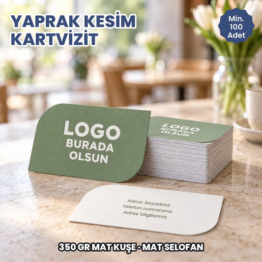 Yaprak kesim kartvizit: logonuzun ve bilgilerinizin basılacağı alanları gösteren kapak görseli