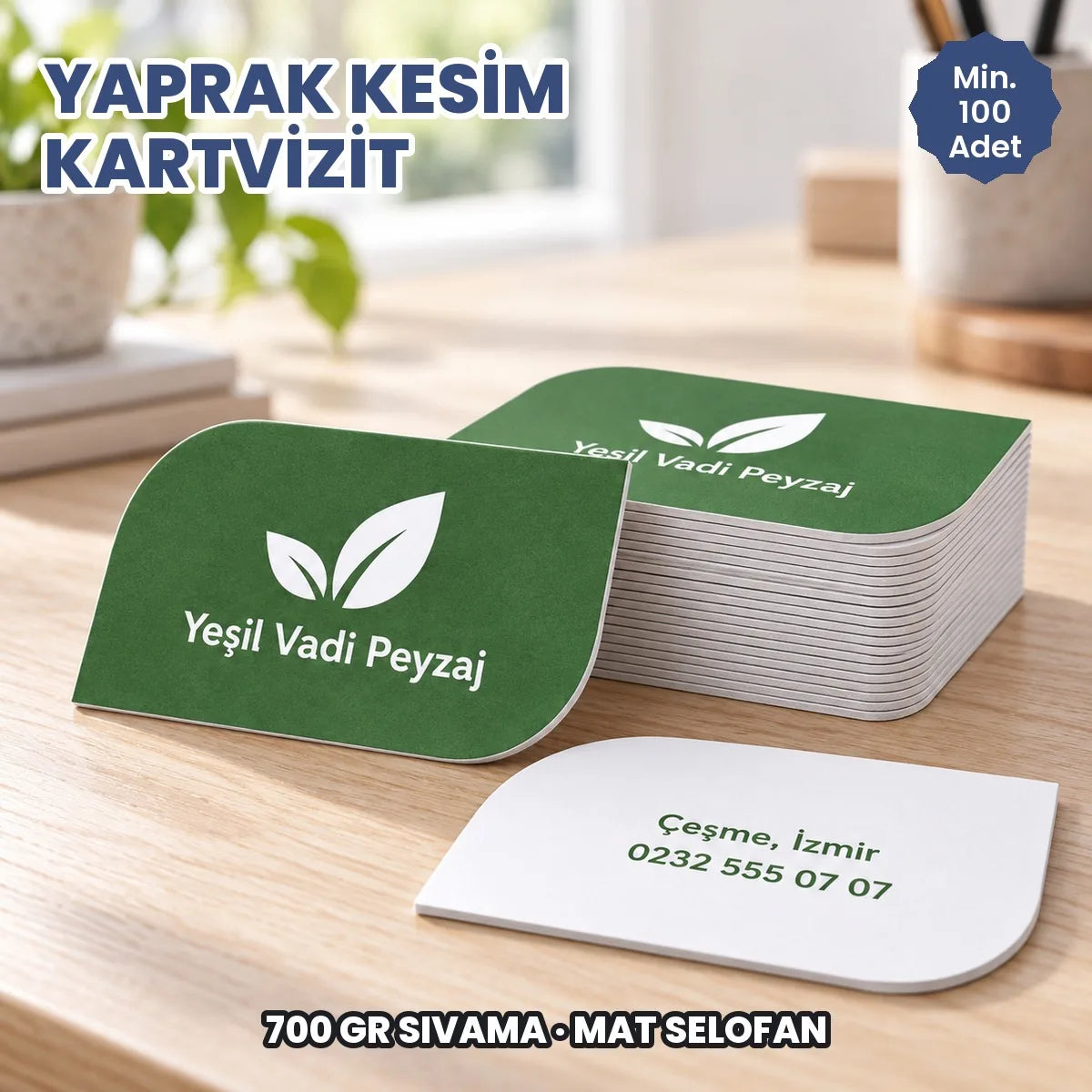 Yaprak kesim kartvizit örneği: hayali marka ile basılmış kartlar ve deste