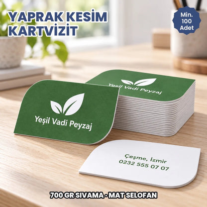 Yaprak kesim kartvizit örneği: hayali marka ile basılmış kartlar ve deste